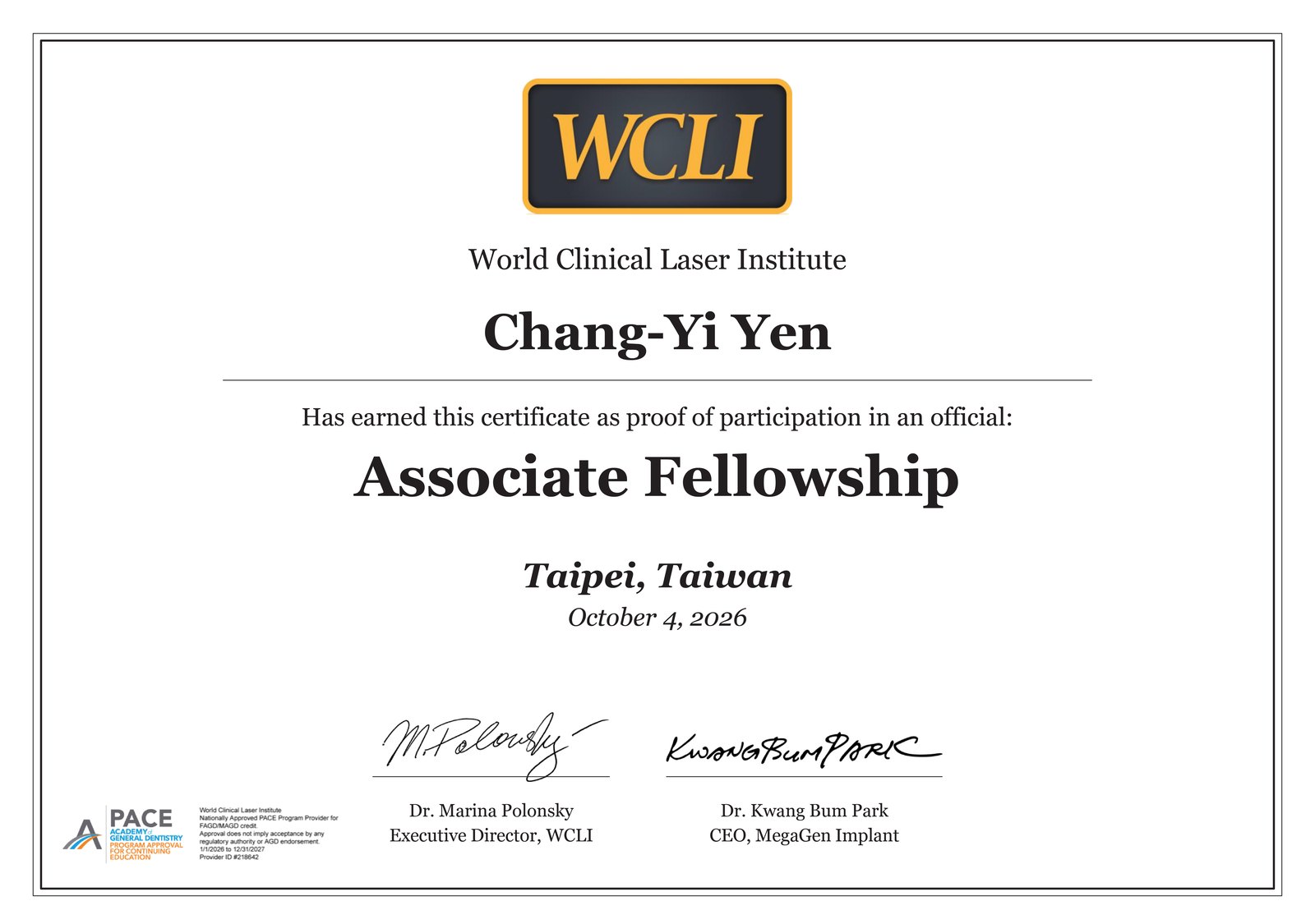 顏章伊院長 世界臨床雷射學會 WCLI 副院士證書（新豐祥晉牙醫）